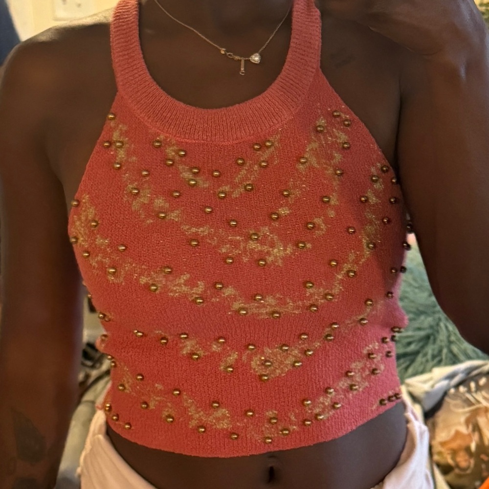 Pink Beaded Halter Top